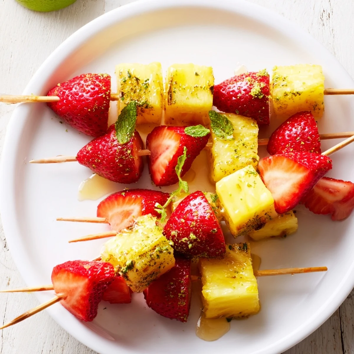 Fresh, colorful Fruit Skewers featuring juicy pineapple and sweet strawberries, ready to enjoy.