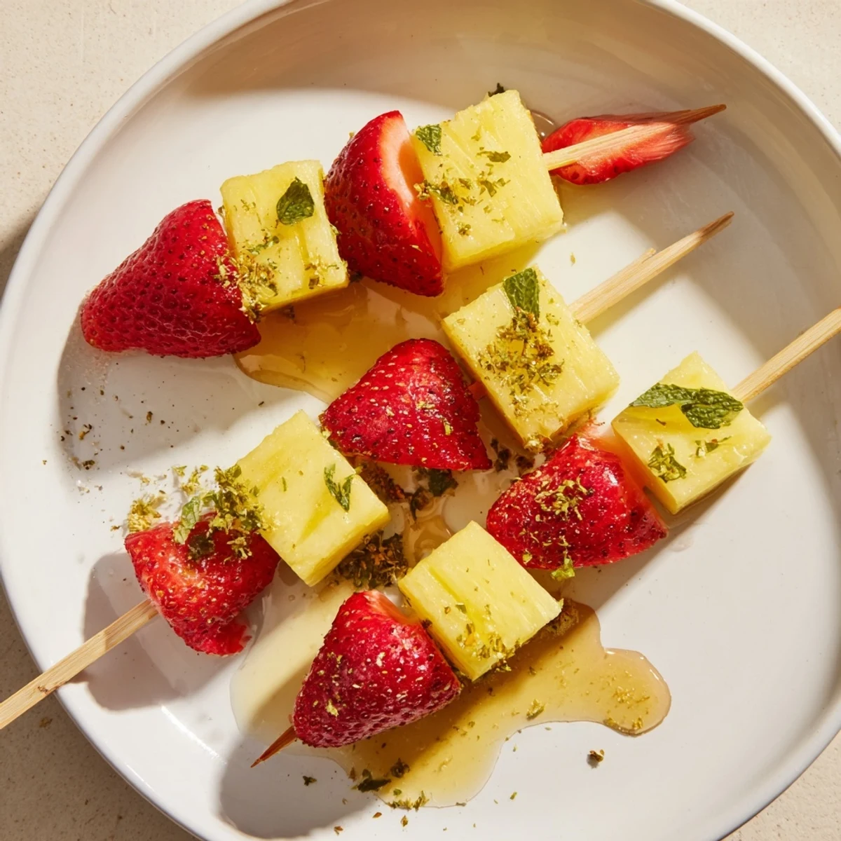 Close-up of vibrant Fruit Skewers with Pineapple and Strawberries, a refreshing snack for any occasion.