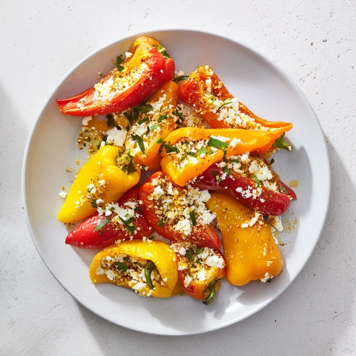 Mediterranean delight: Colorful mini bell peppers stuffed with a flavorful feta mixture, ready to serve.