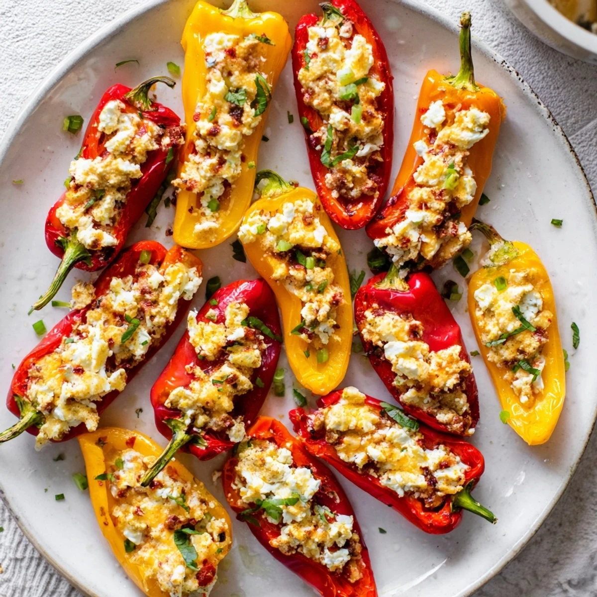 Vibrant mini bell pepper halves brimming with creamy feta filling, ready for a fresh appetizer.