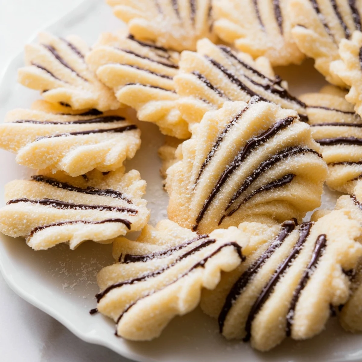 Melted chocolate drizzled over festive spritz cookies in a fan, ready for your cookie tray or tea party.