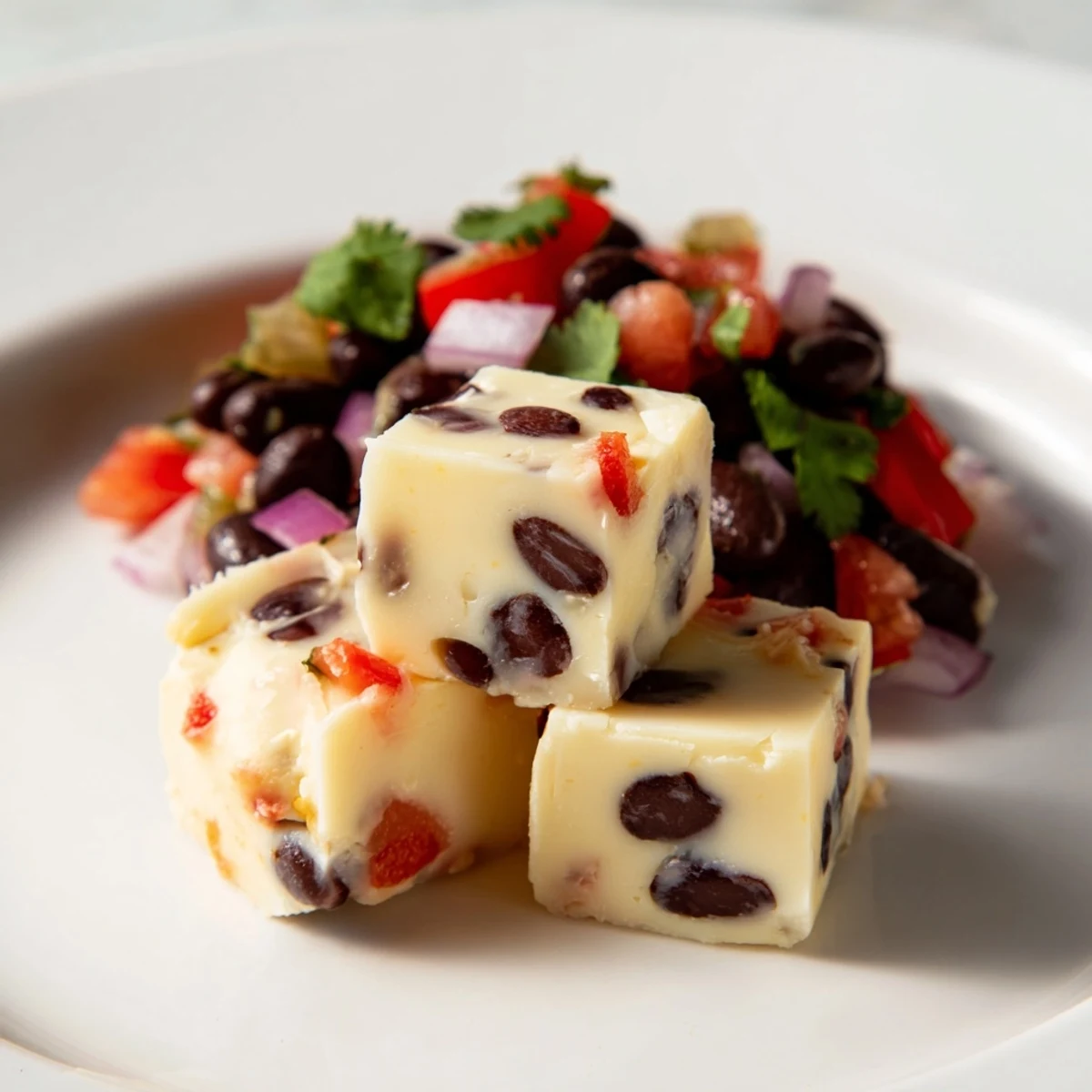 Pepper Jack cheese cubes with vibrant black bean salsa; a perfect party appetizer.