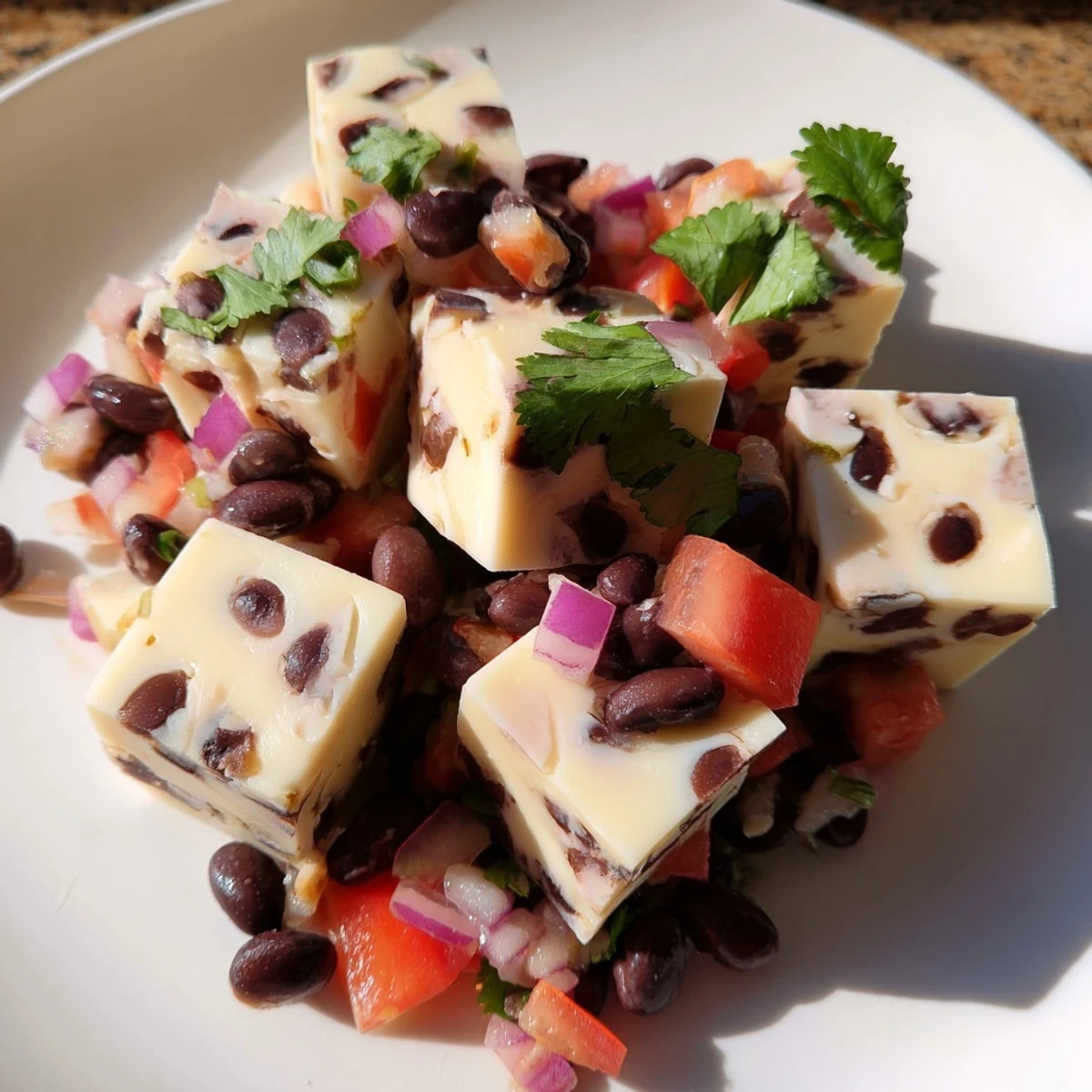 Close-up of savory Pepper Jack cubes next to colorful black bean salsa for serving.
