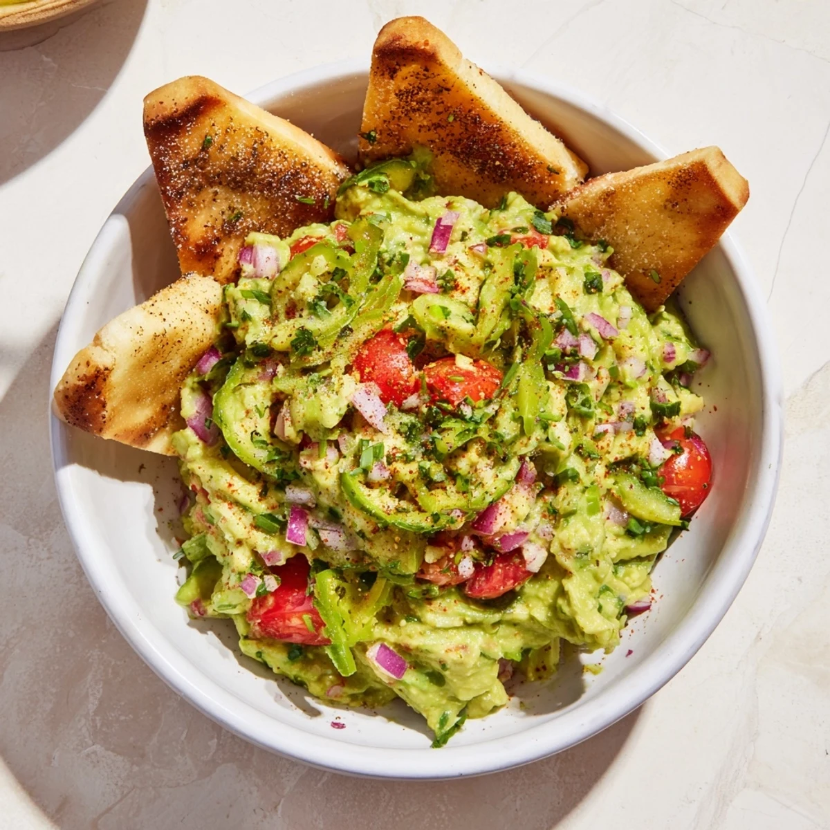 Perfectly baked pita chips with smoky paprika alongside chunky, homemade guacamole for snacking.