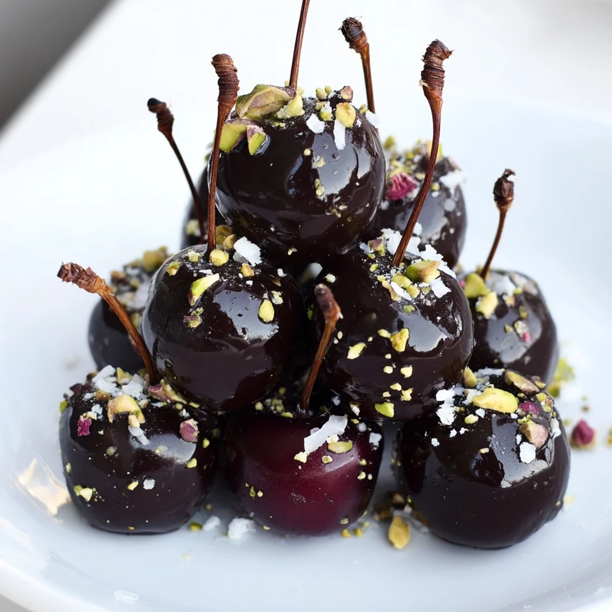 Chocolate-covered cherry dessert bites in a pyramid, a luscious dessert treat with dark chocolate and cherries.