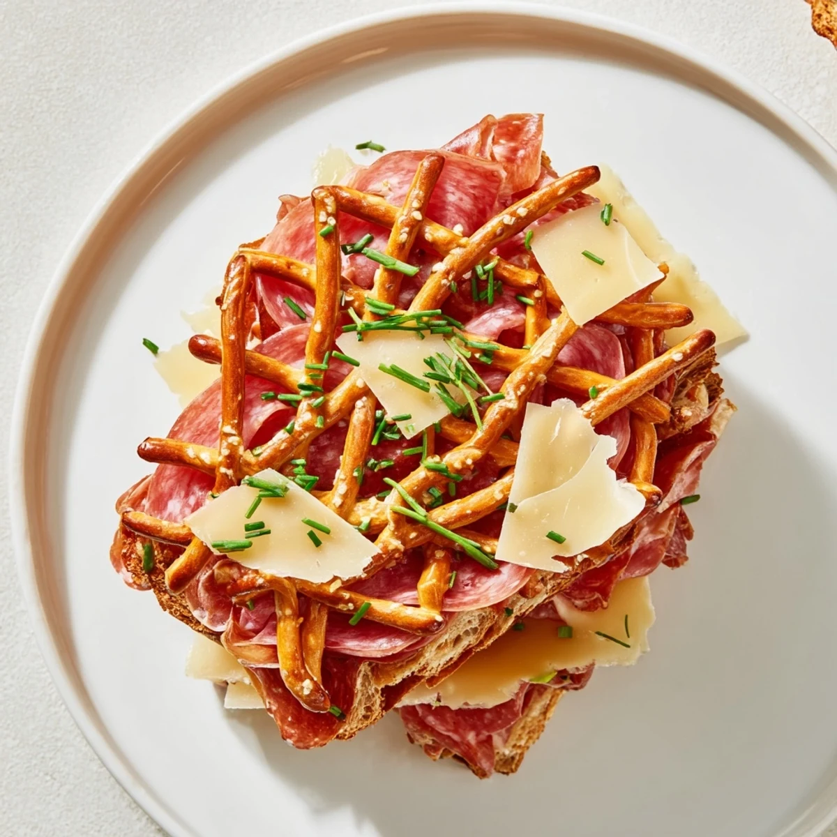A visually appealing Lattice Window appetizer, piled high with meats, cheeses, and a pretzel lattice.