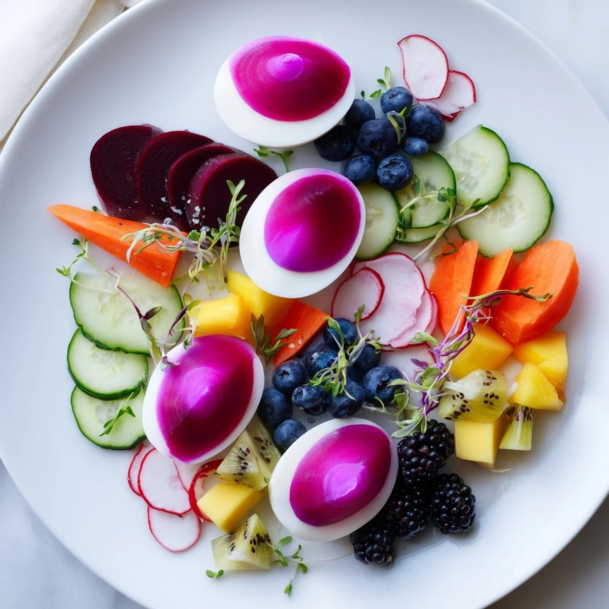A vibrant The Neon Night appetizer platter featuring colorful pickles, beet-stained eggs, and fresh fruits.