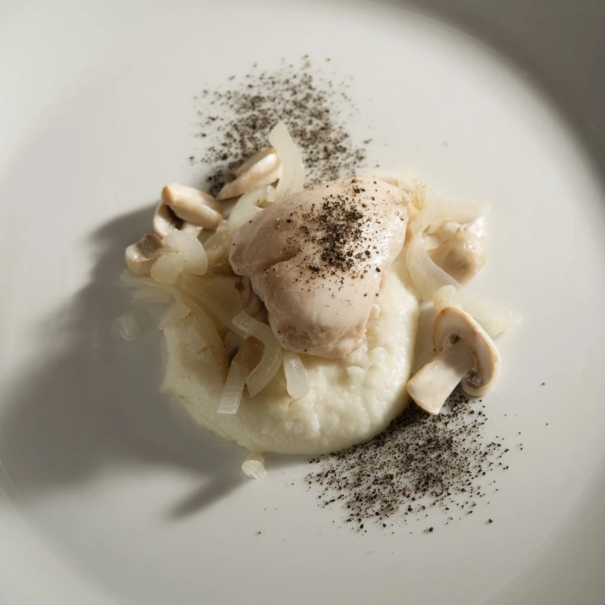 This elegant The Ghostly Gala features perfectly poached chicken, with sautéed mushrooms and a pepper "shadow."