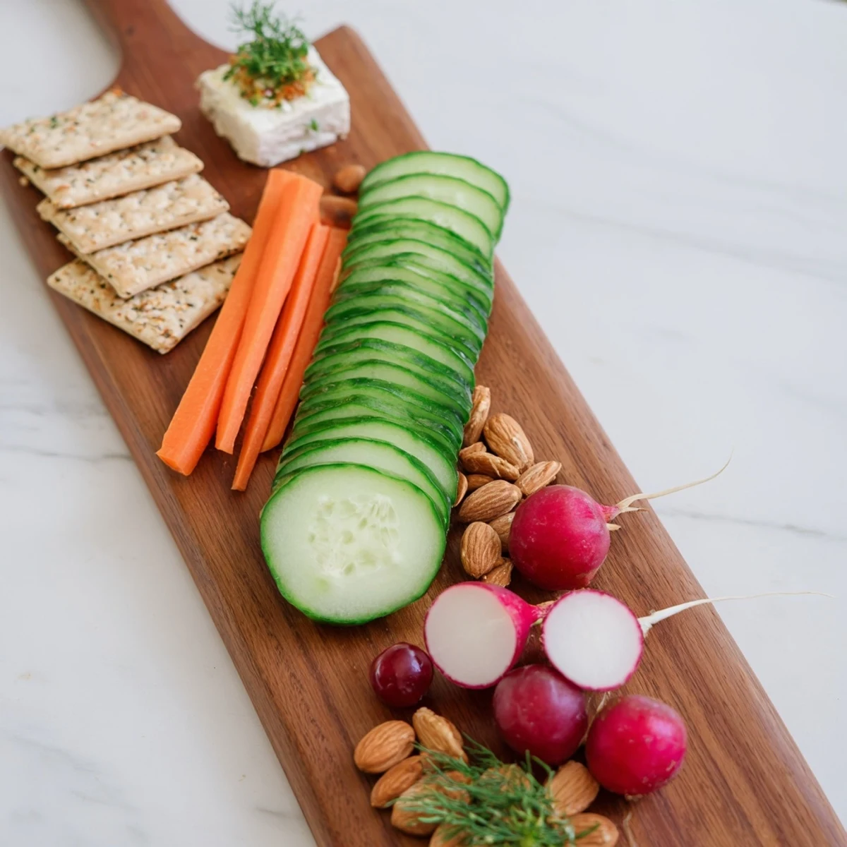 A beautifully balanced Zen Balance appetizer, featuring colorful fresh vegetables and goat cheese rounds.