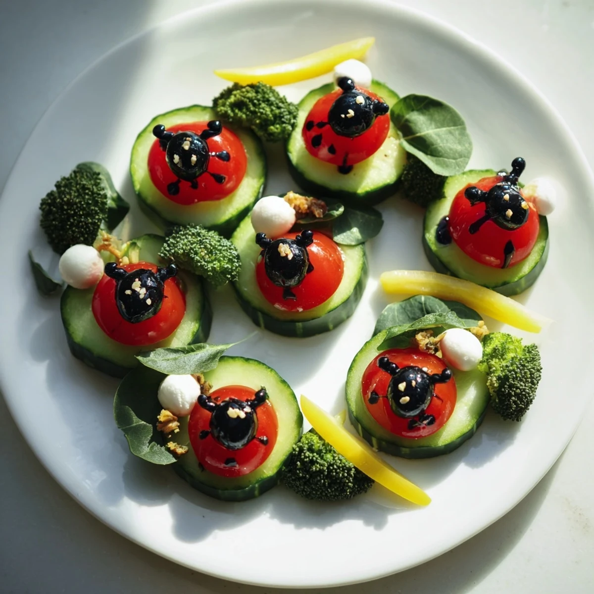 A delightful overhead shot of a creative Ladybug Garden Platter, perfect for a fun, veggie-filled appetizer.