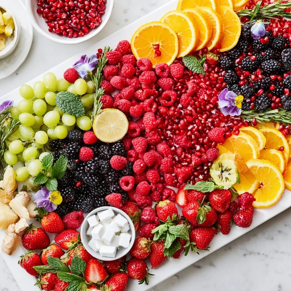 Elegant, colorful Bubbly Bar New Years Eve garnish tray featuring fresh fruit, herbs, and sweets arranged beautifully.