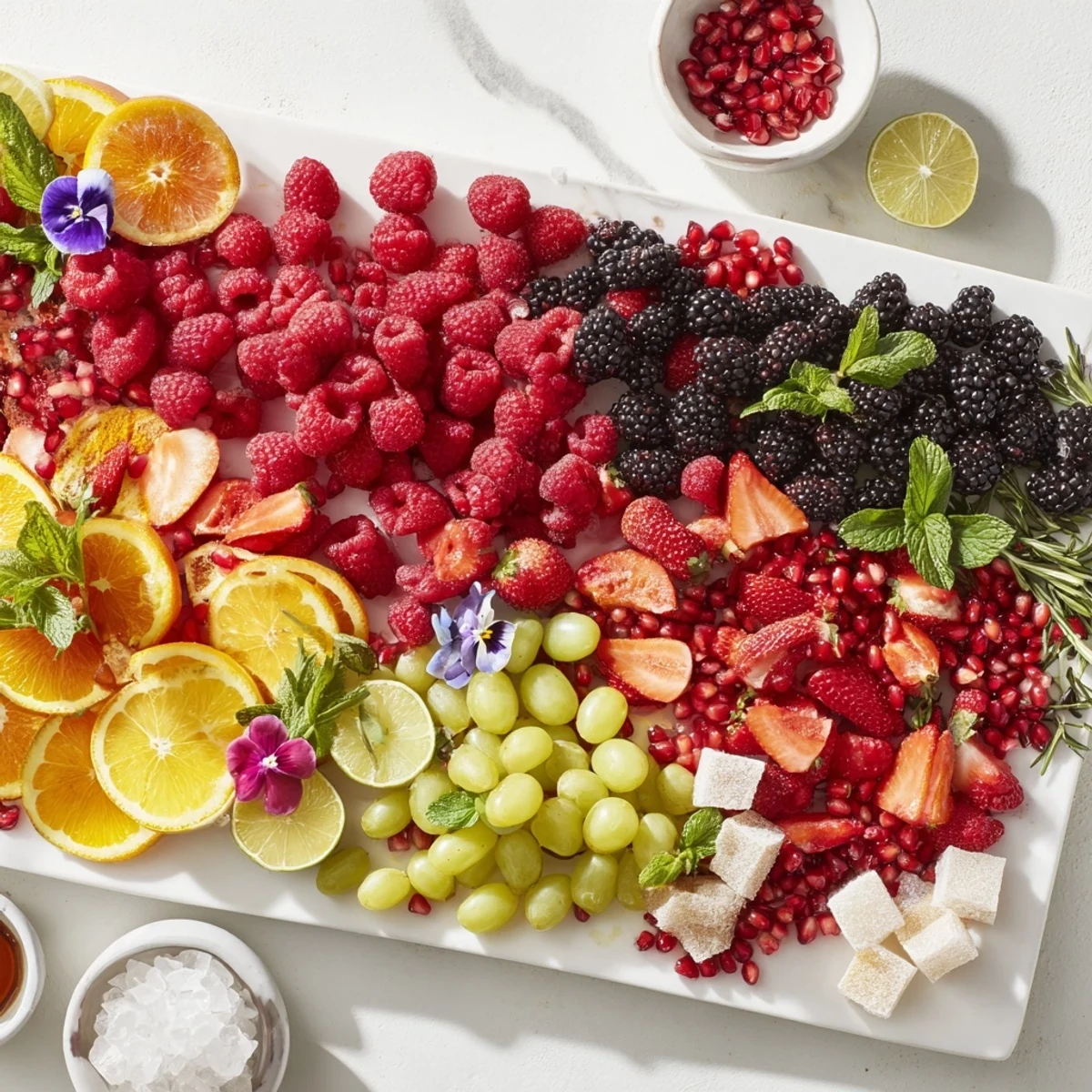 A delicious Bubbly Bar New Years Eve garnish tray with a vibrant assortment of fresh berries, citrus, and herbs for the holiday.