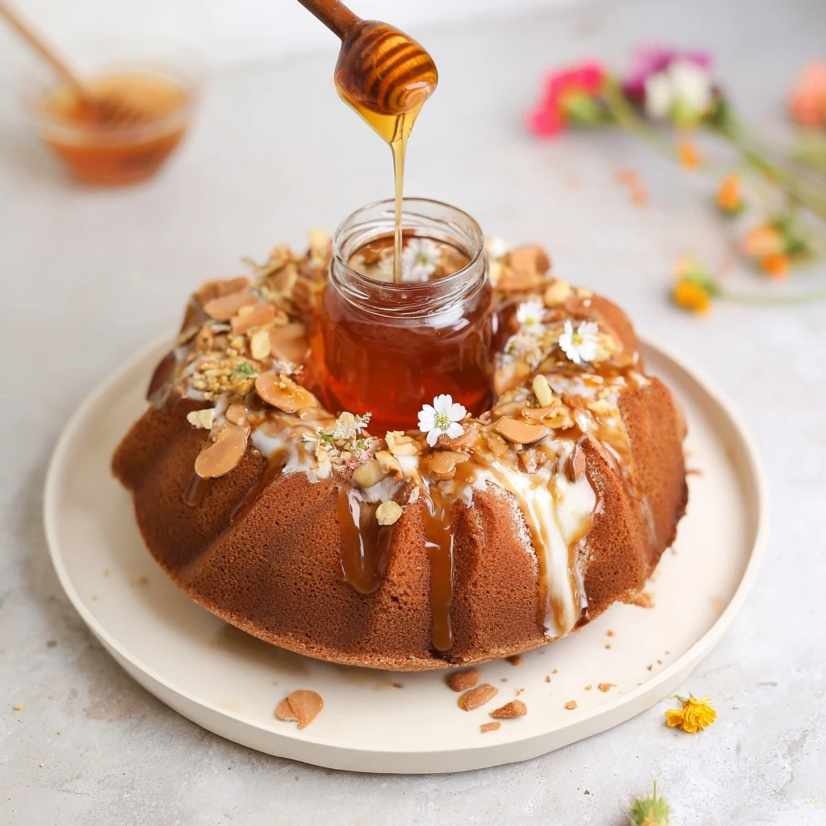 Golden honey flows from the center of The Honey-Drip cake, ready to be drizzled.