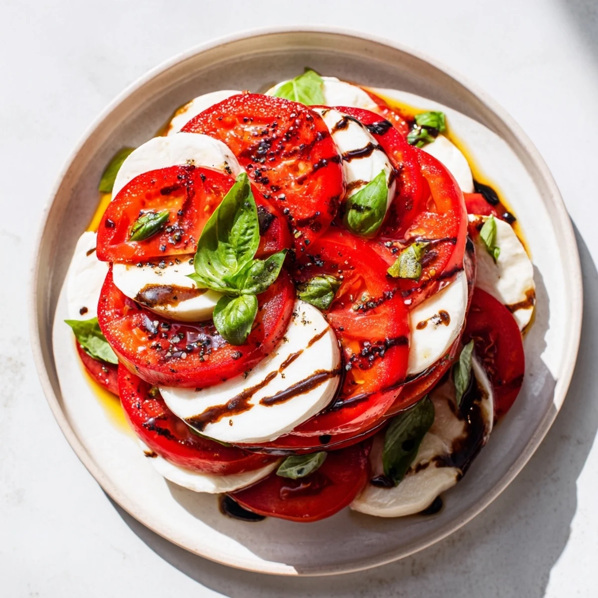 Elegant Tuscan Pillar appetizer with red tomatoes, mozzarella, and basil, drizzled with olive oil.