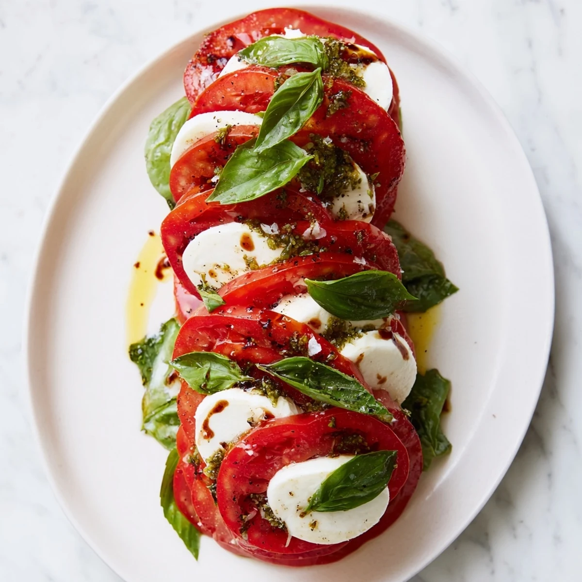 Beautifully stacked Tuscan Pillar, a vegetarian appetizer of tomatoes, mozzarella, and fresh basil leaves.