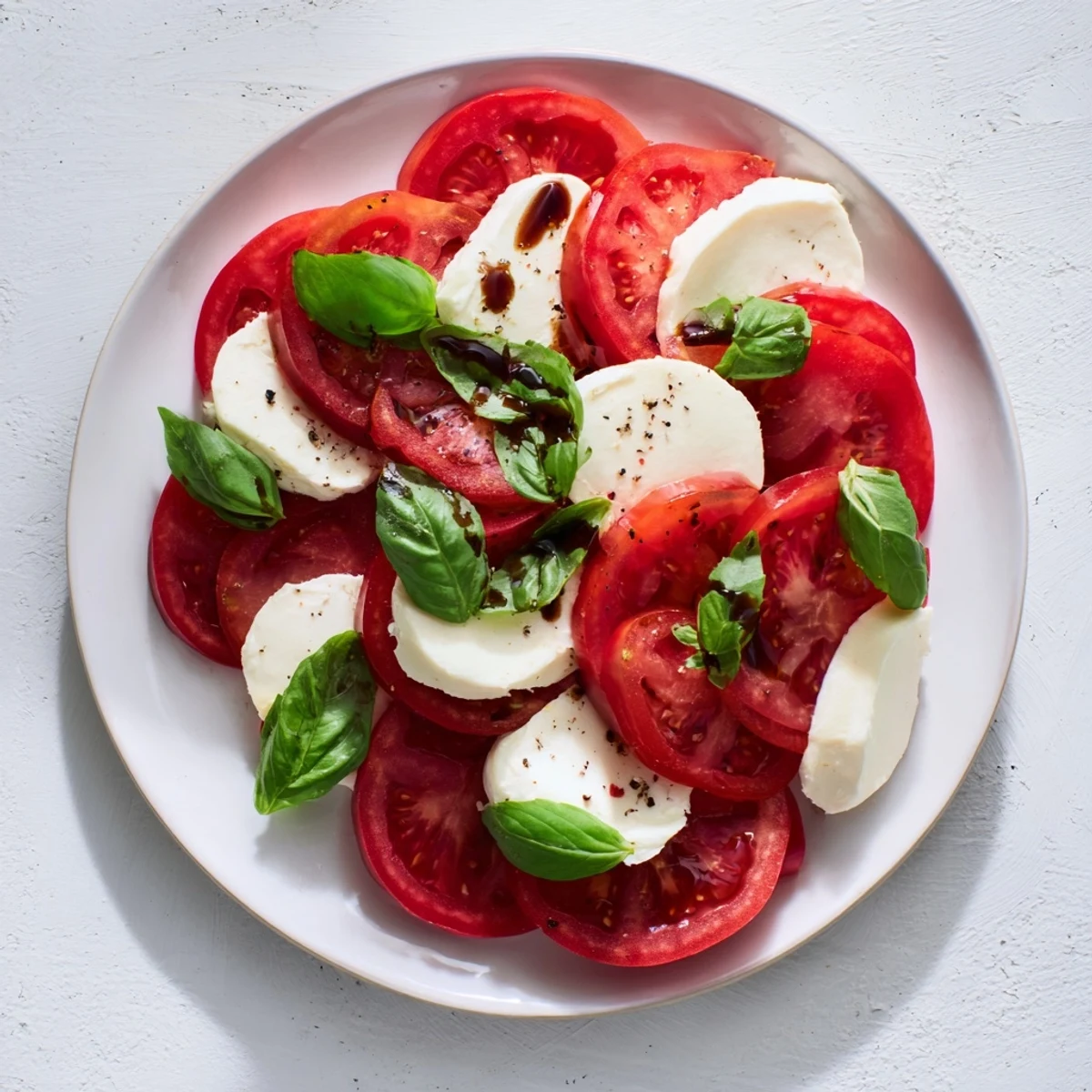 Refreshing Tuscan Pillar featuring juicy tomatoes, creamy mozzarella, and balsamic glaze, ready to serve.