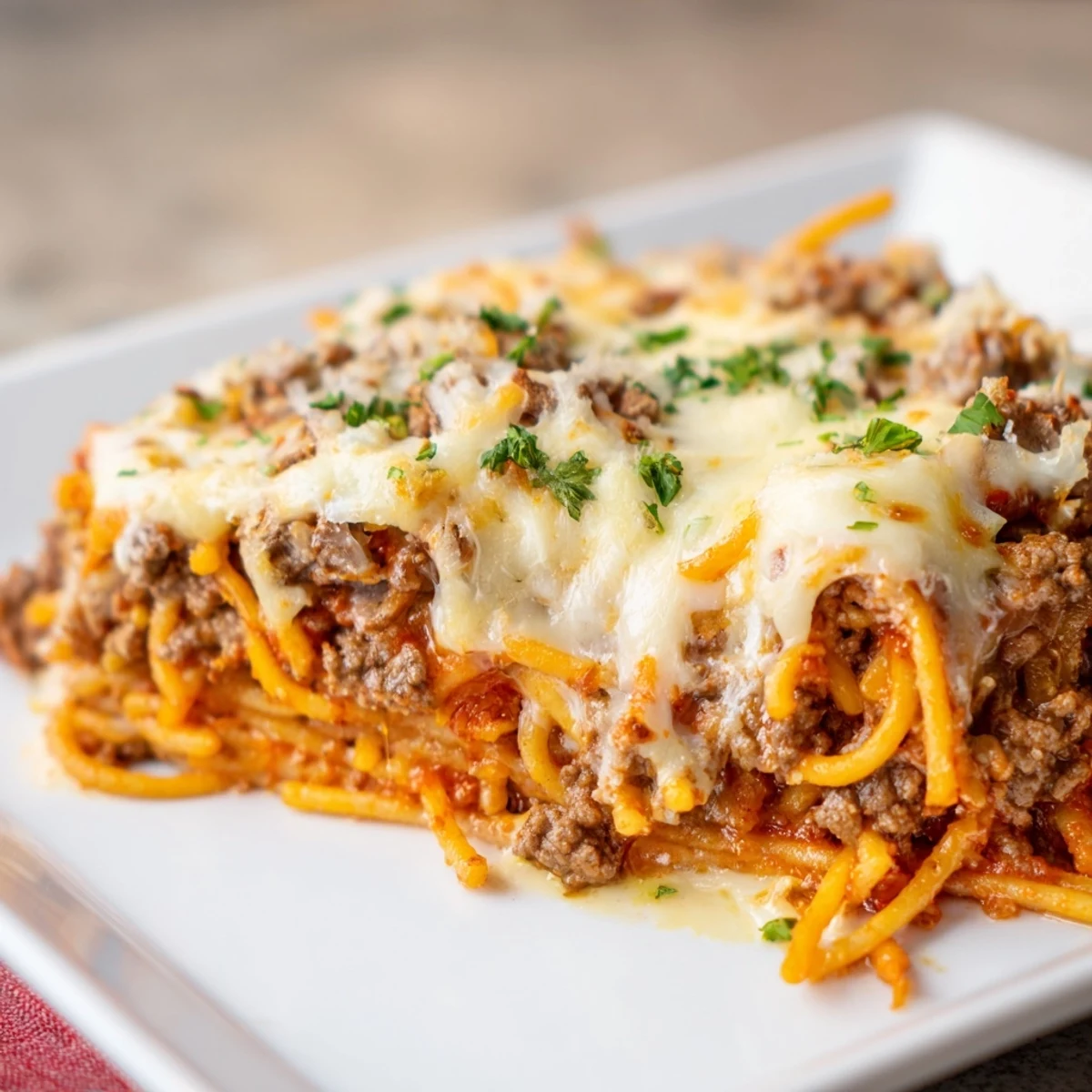 A bubbly, golden-brown Tinis Baked Spaghetti casserole with a rich cheese crust and savory meat sauce.