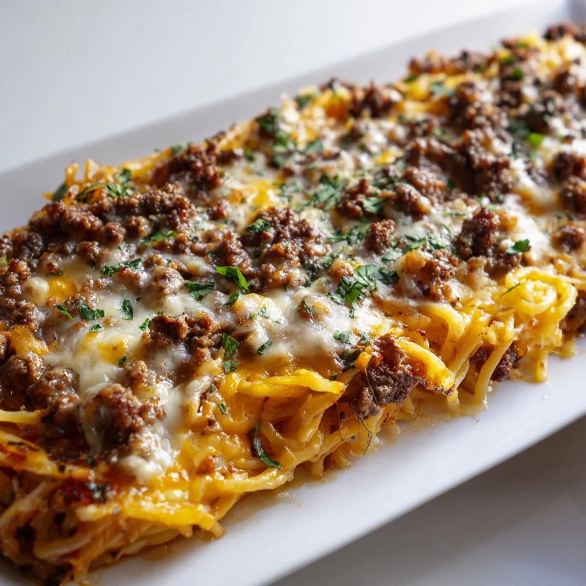Steaming hot Tinis Baked Spaghetti, a comforting blend of pasta, seasoned ground beef, and melted cheese, ready to be served.