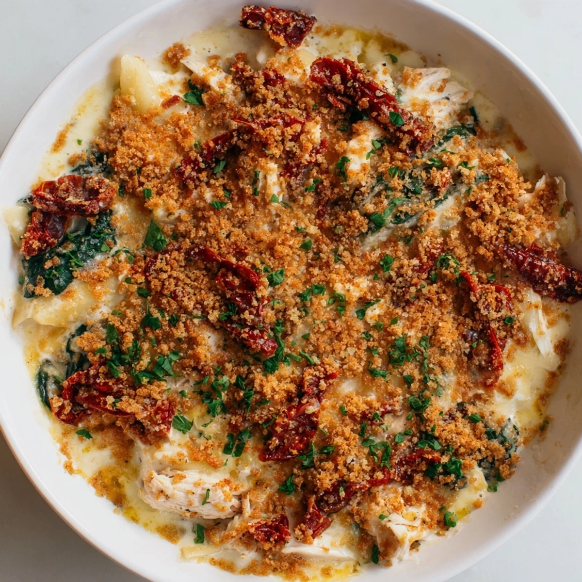Golden, bubbly Marry Me Chicken Casserole topped with crispy buttery Ritz cracker crumbs, ready to serve.