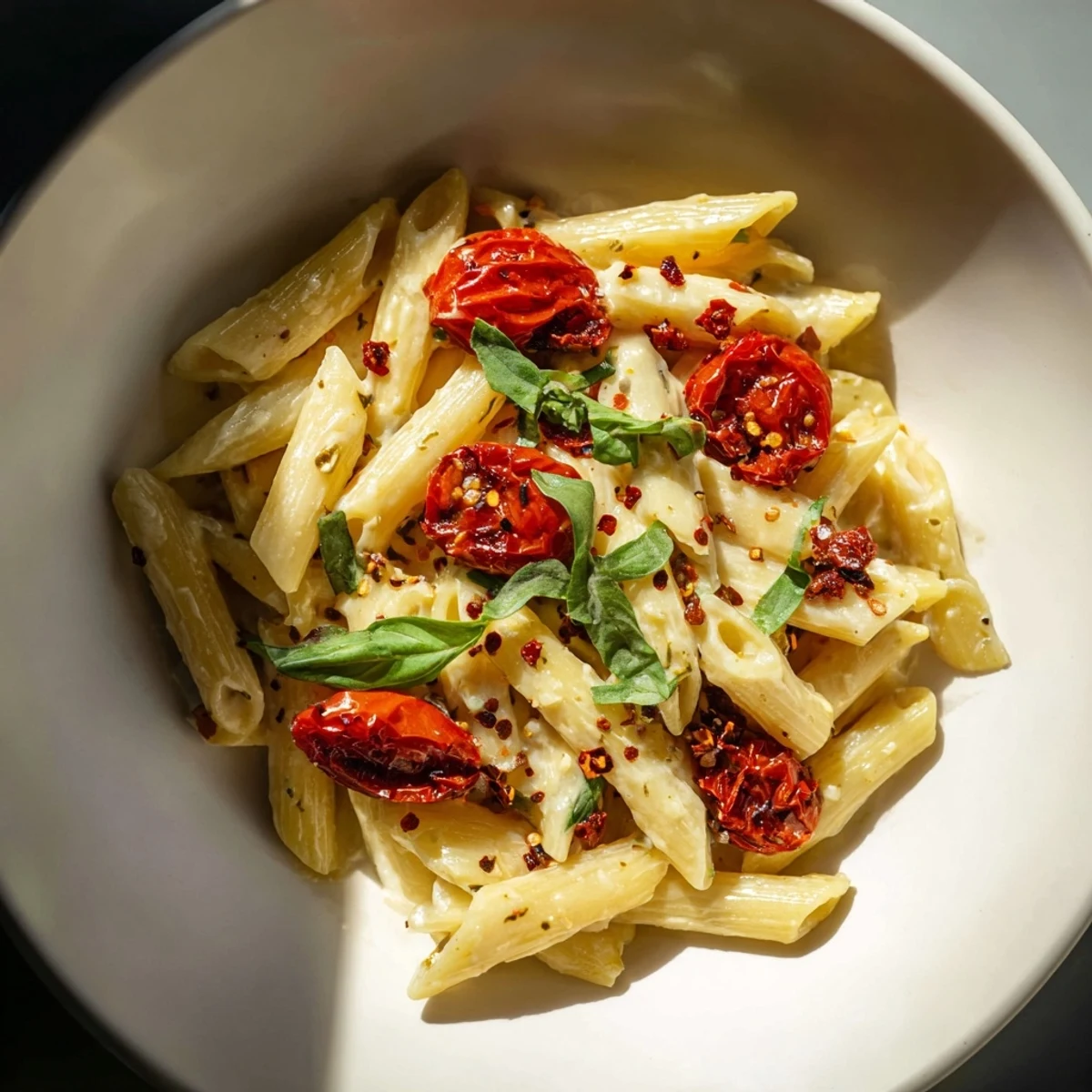 Roasted cherry tomatoes mingling with creamy Boursin cheese pasta, ready to serve with fresh basil.