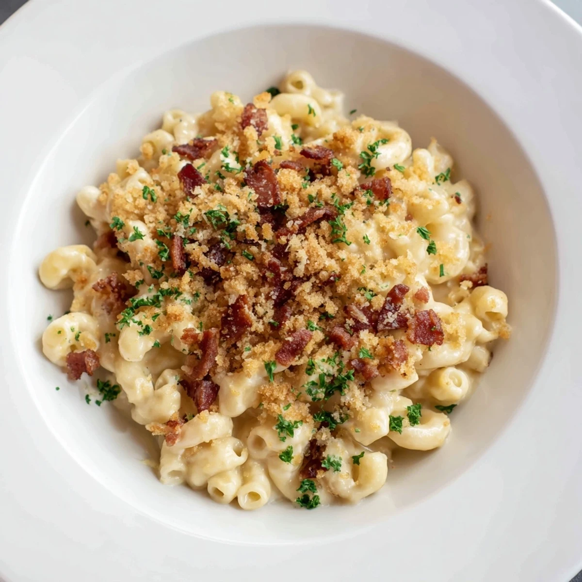 A bubbling baking dish of Tinis Mac and Cheese with Bacon, featuring golden breadcrumbs and a cheesy interior.