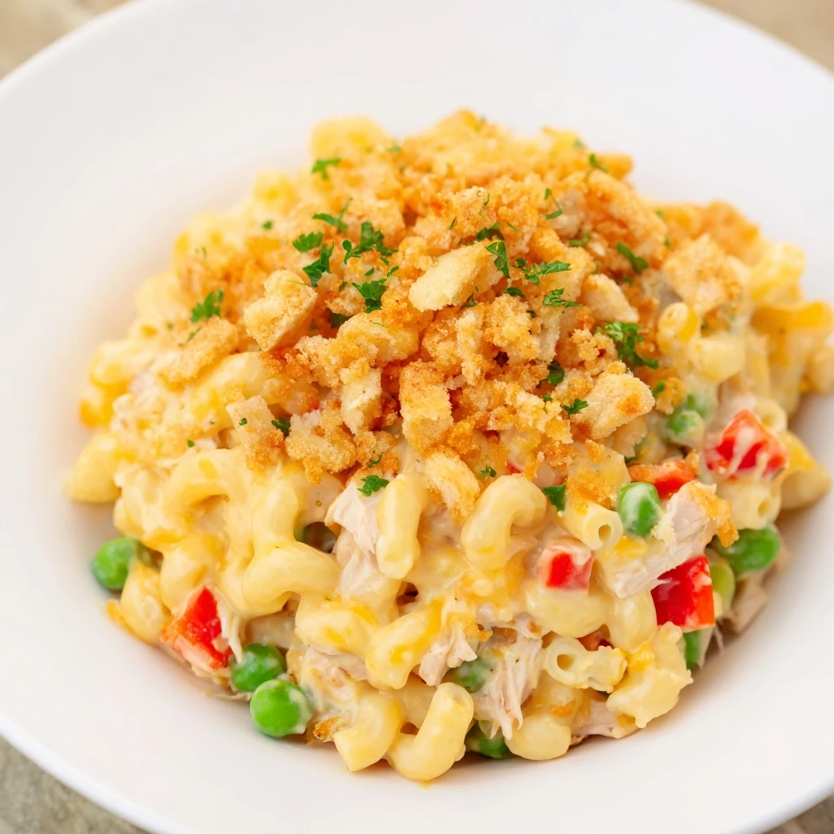 Creamy, baked Chicken Macaroni Southern Style: a cheesy, bubbly casserole with golden topping and tender chicken.