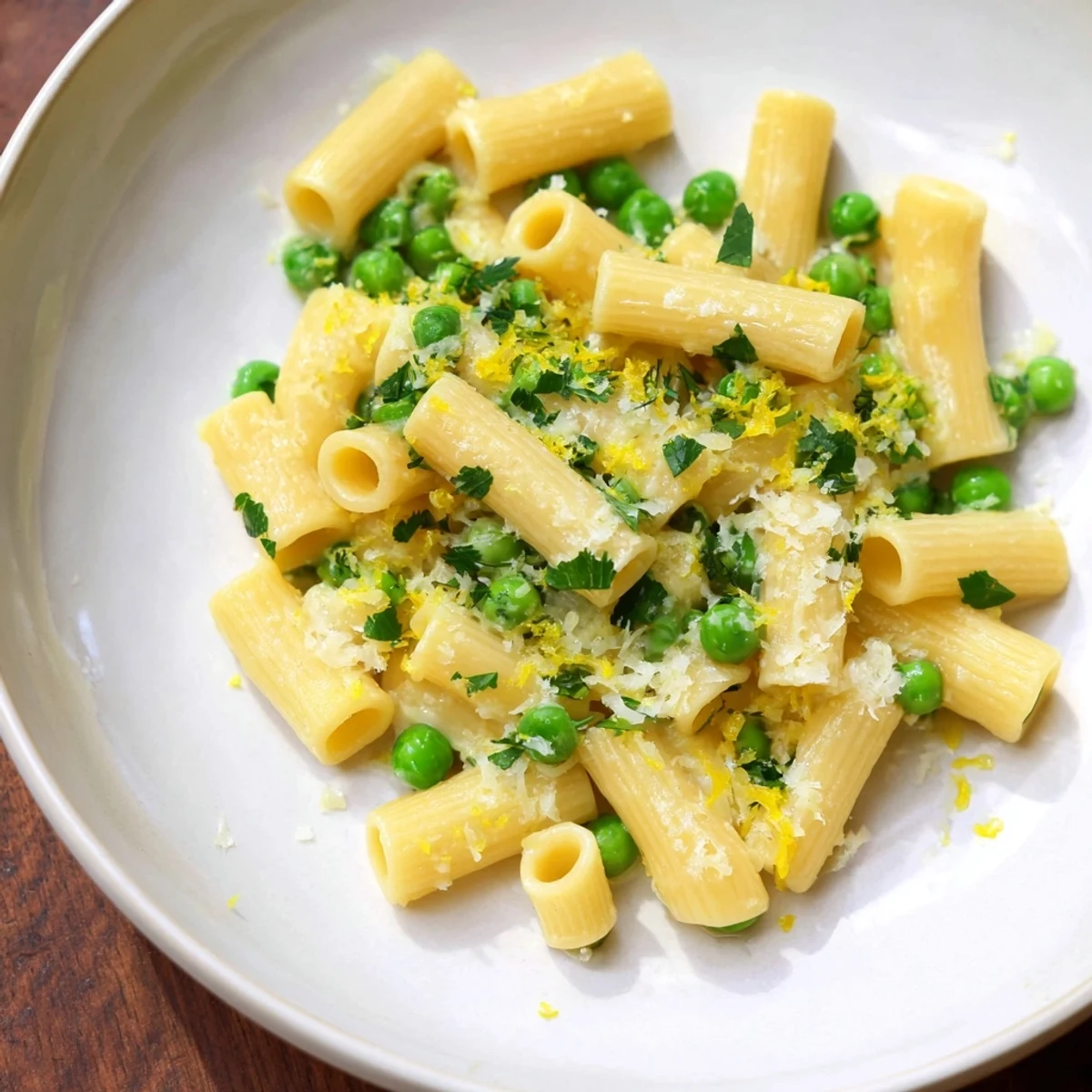 Bright green peas peek from the Garlic Butter Ditalini, served with a sprinkle of Parmesan; a comforting taste.