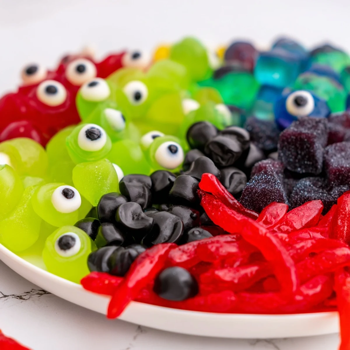 A visually stunning Poison Apple Candy Platter, brimming with apple candies, licorice bits, and spooky eyeballs.