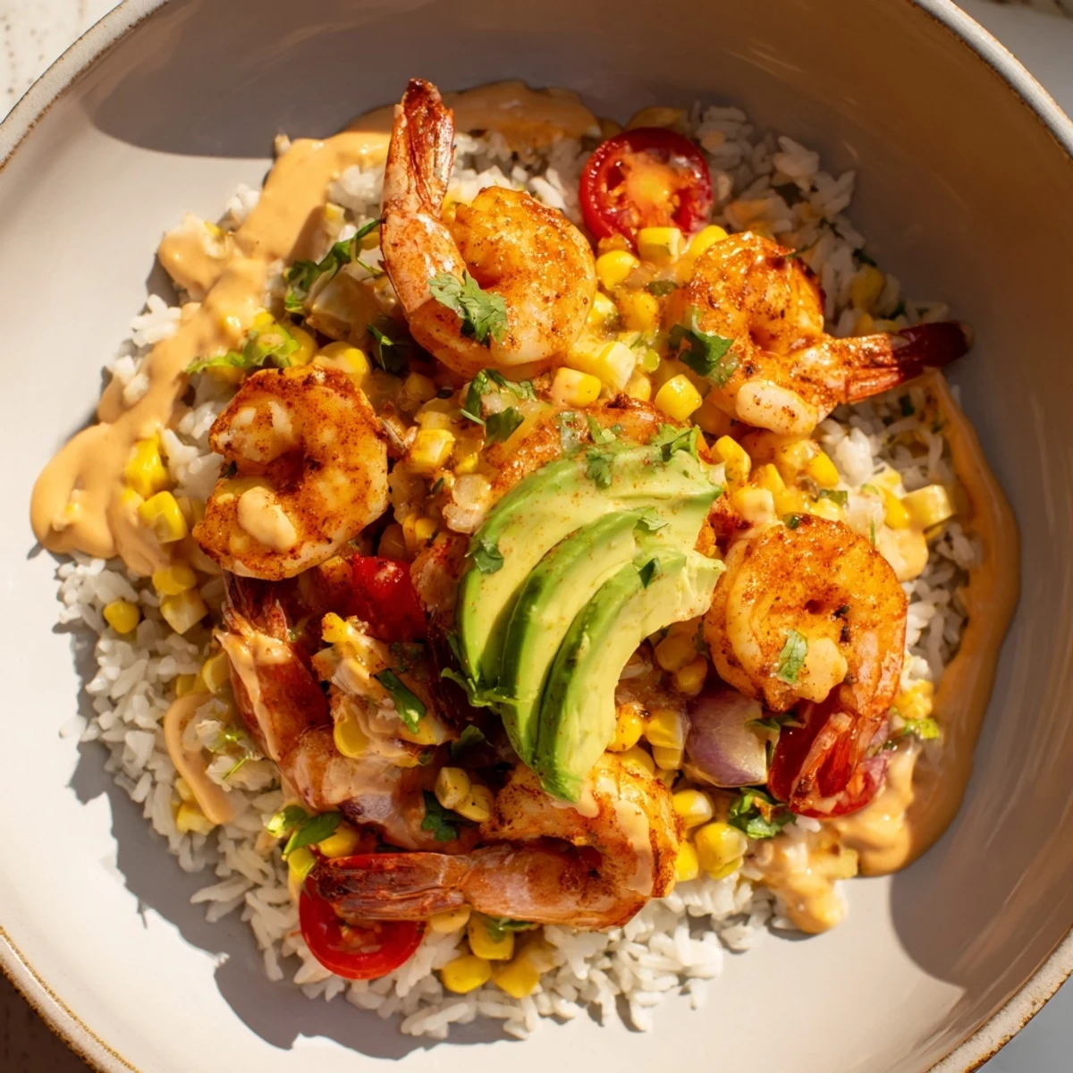 Cajun shrimp taco bowls, a colorful medley: spicy shrimp rests atop fluffy rice, ready to eat.