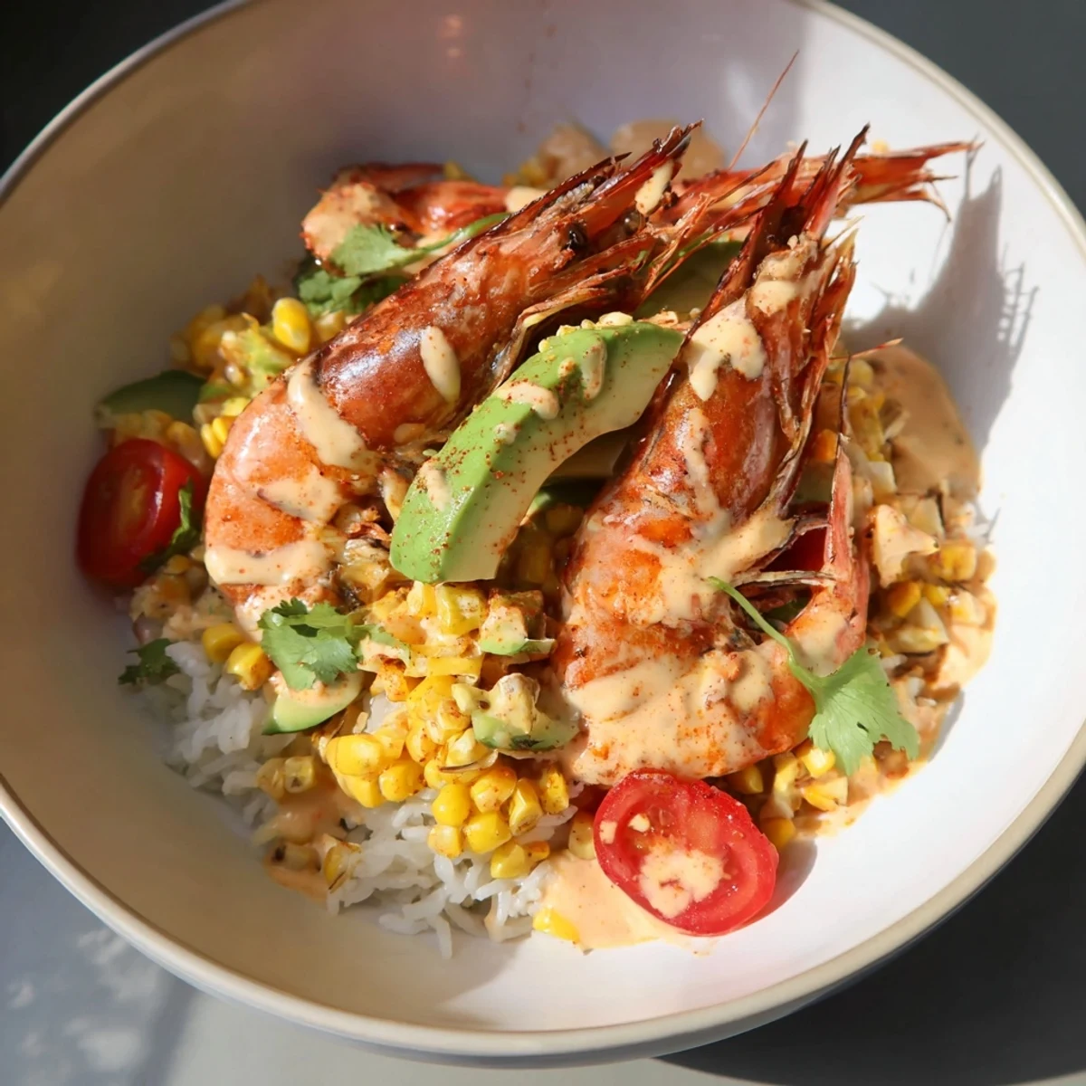 Spicy Cajun shrimp taco bowls piled high with fresh veggies and creamy avocado, ready to devour!