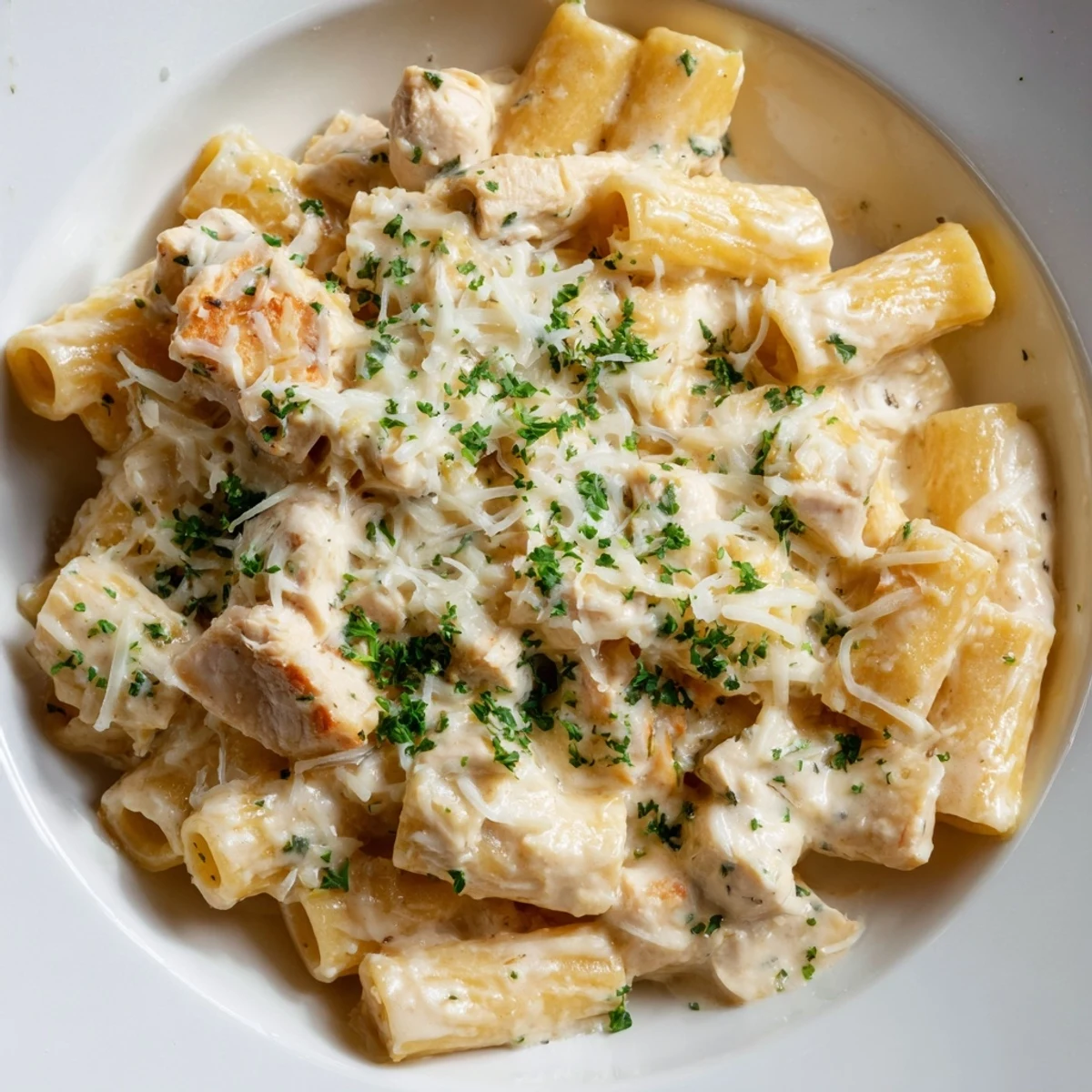 Golden brown Chicken Alfredo Bake topped with melted cheese, ready to serve with fresh parsley.