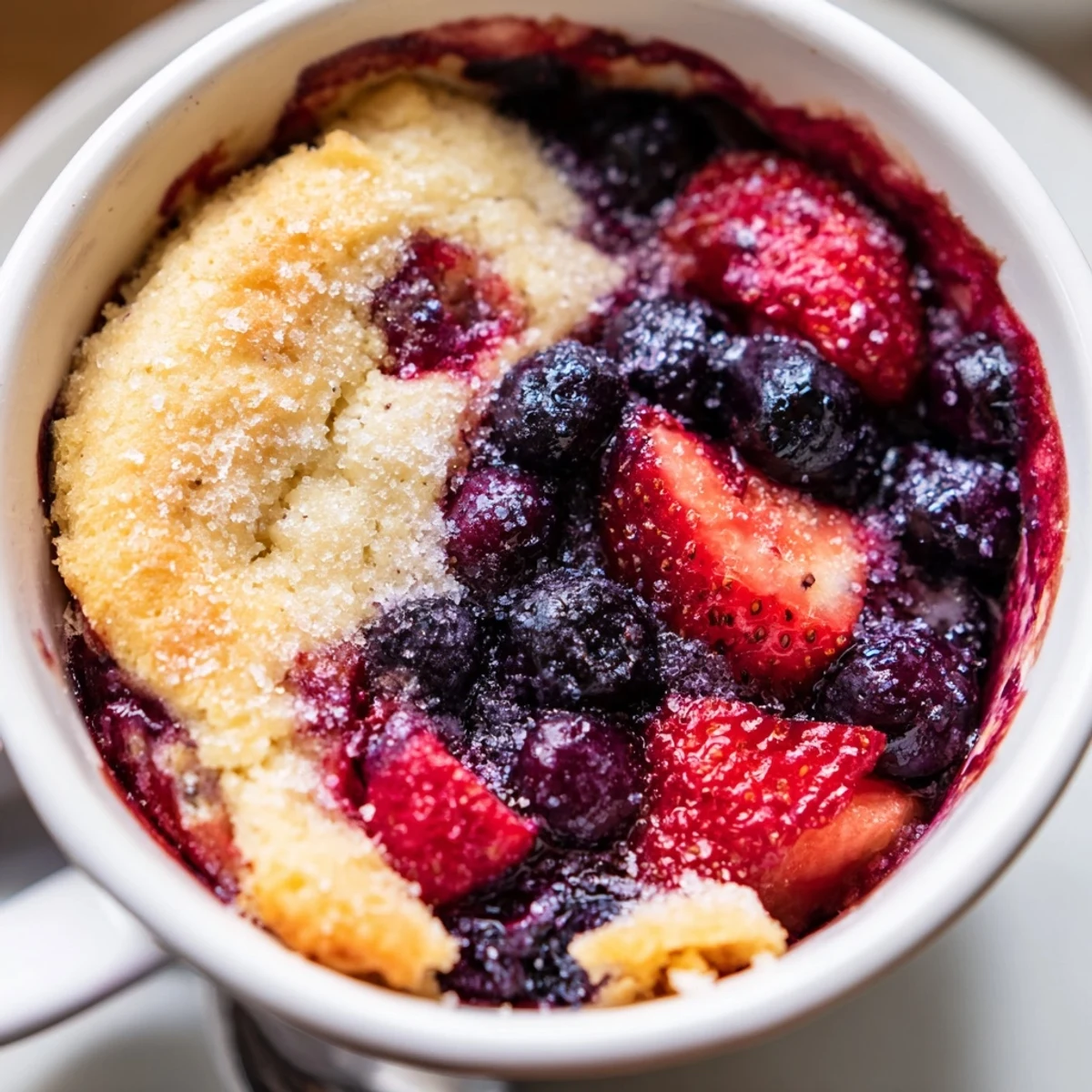 Golden-brown Mixed Berry Cobbler Mug Cake, warm and bubbly, ready for a delicious dessert.