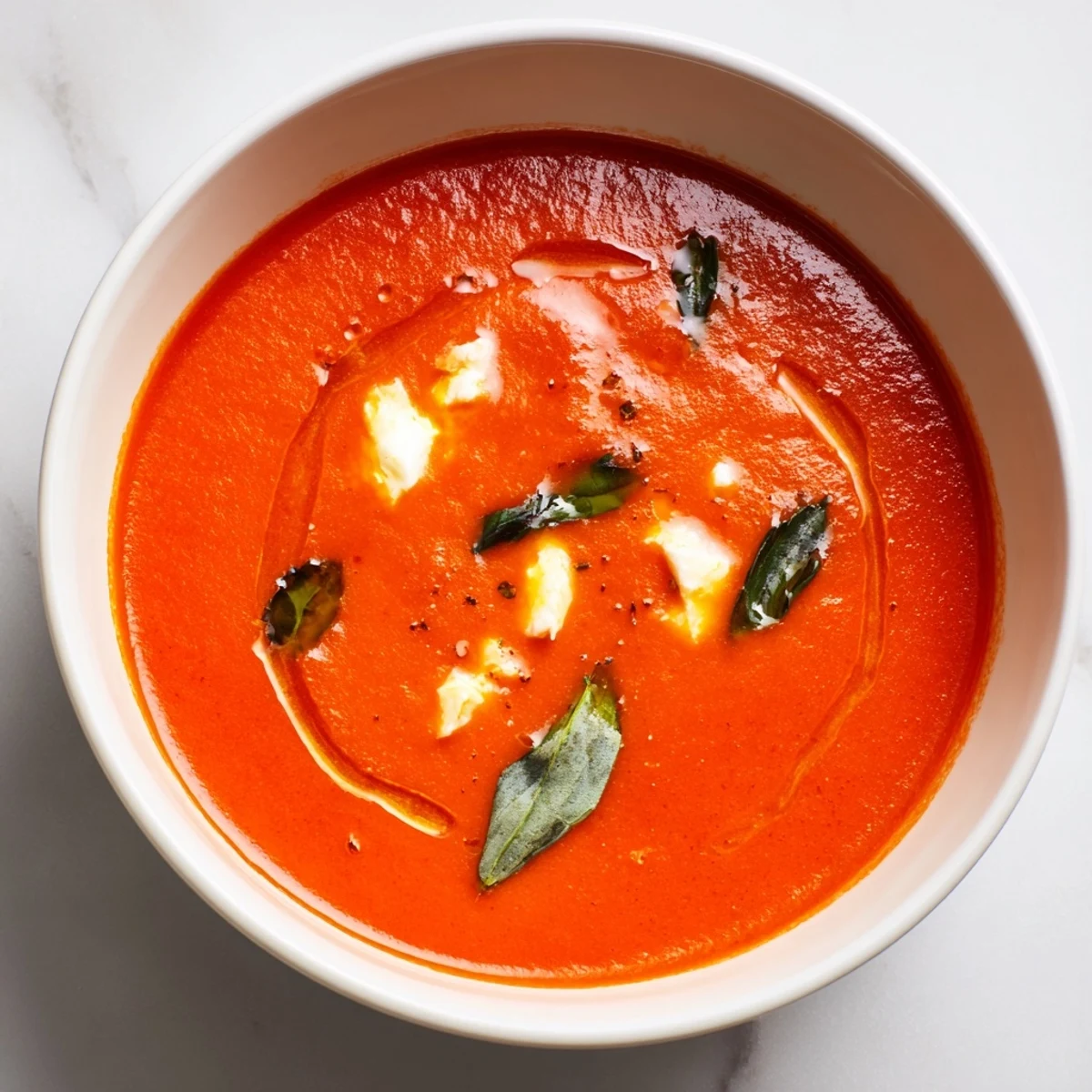 Enjoy the comforting texture of velvety Creamy Tomato Mozzarella Soup, served with crusty bread for dipping.