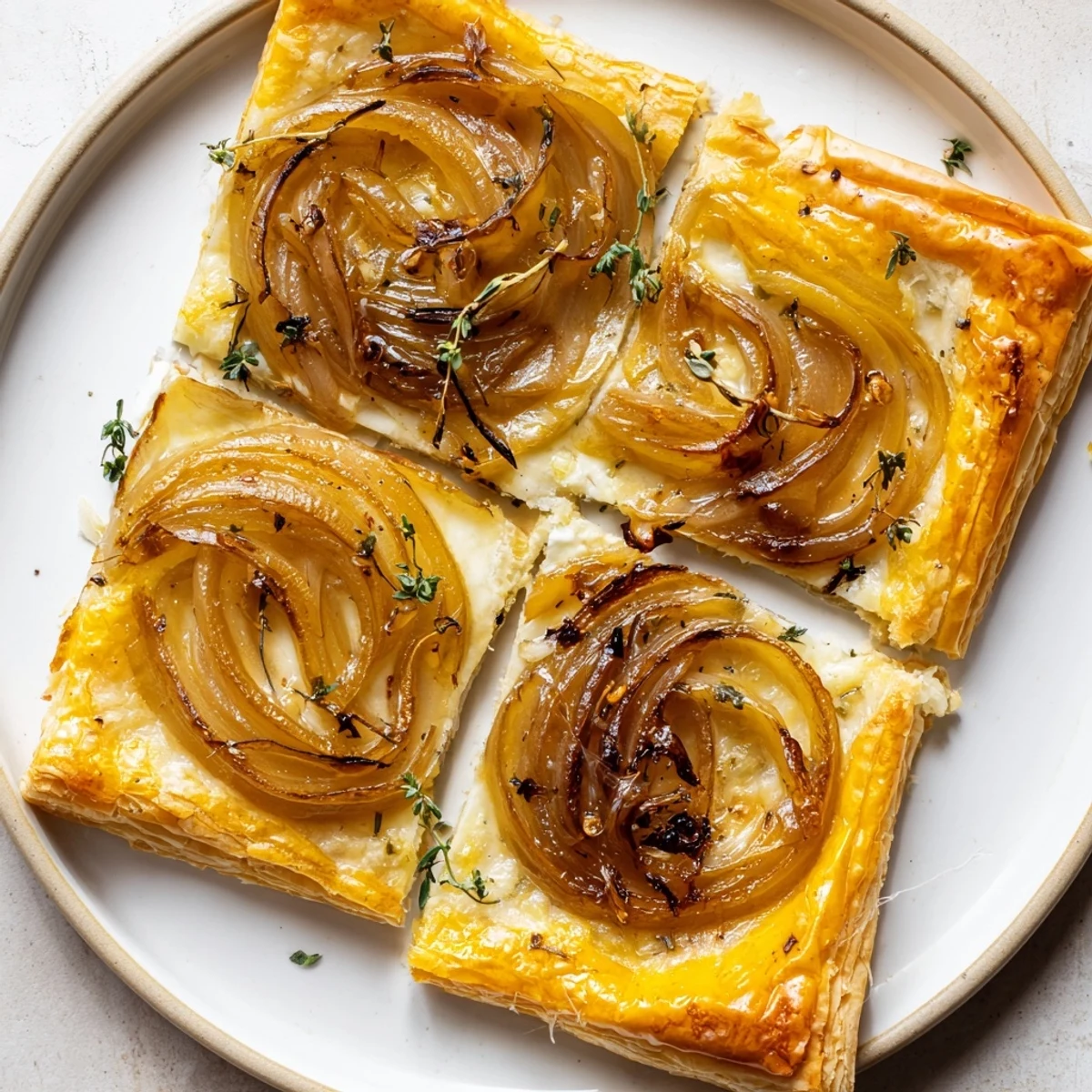 Golden, bubbly caramelized onion tart sliced, the flaky crust visible, perfect for a cozy dinner.