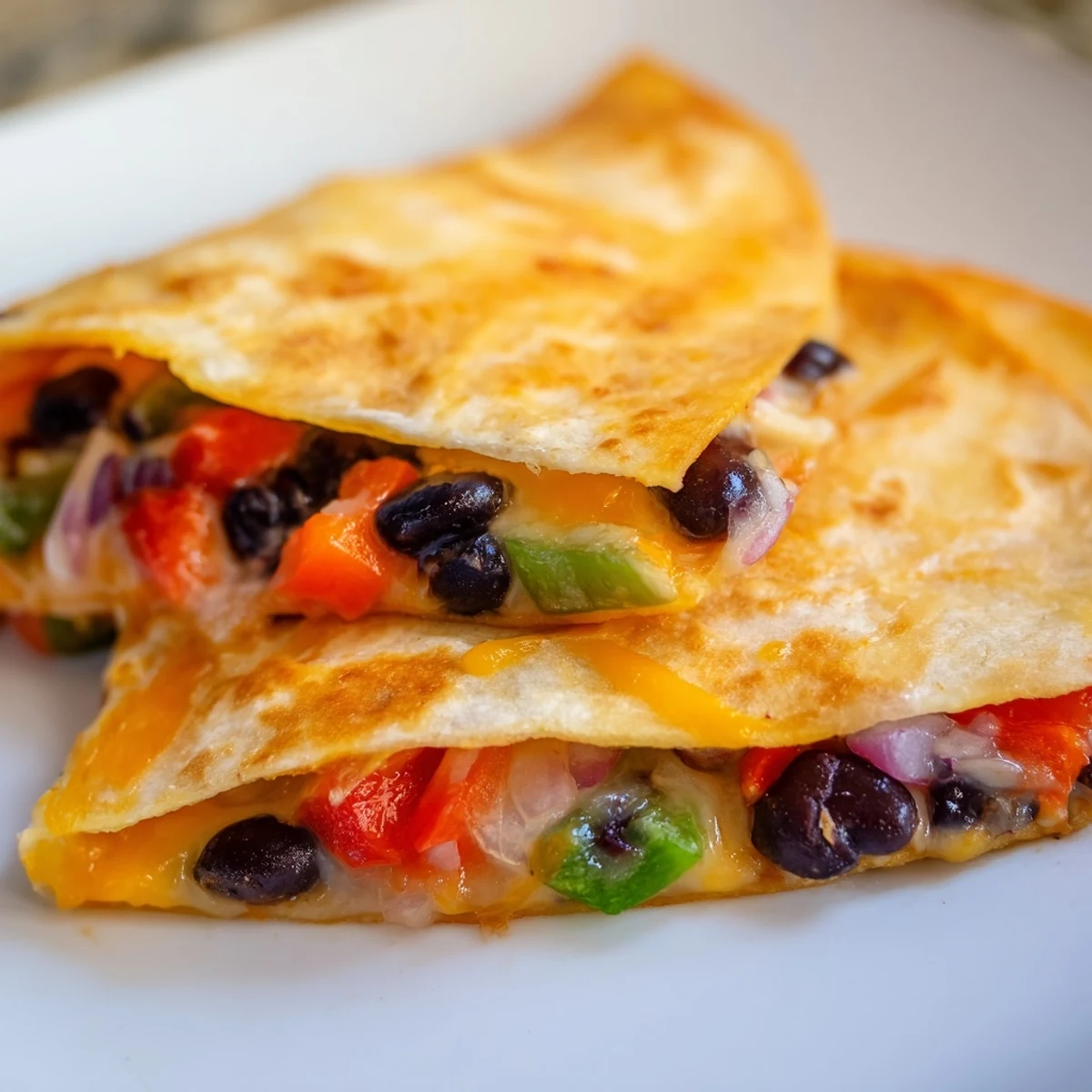 Golden-brown, cheesy black bean quesadilla sliced, ready to serve with fresh cilantro and salsa.