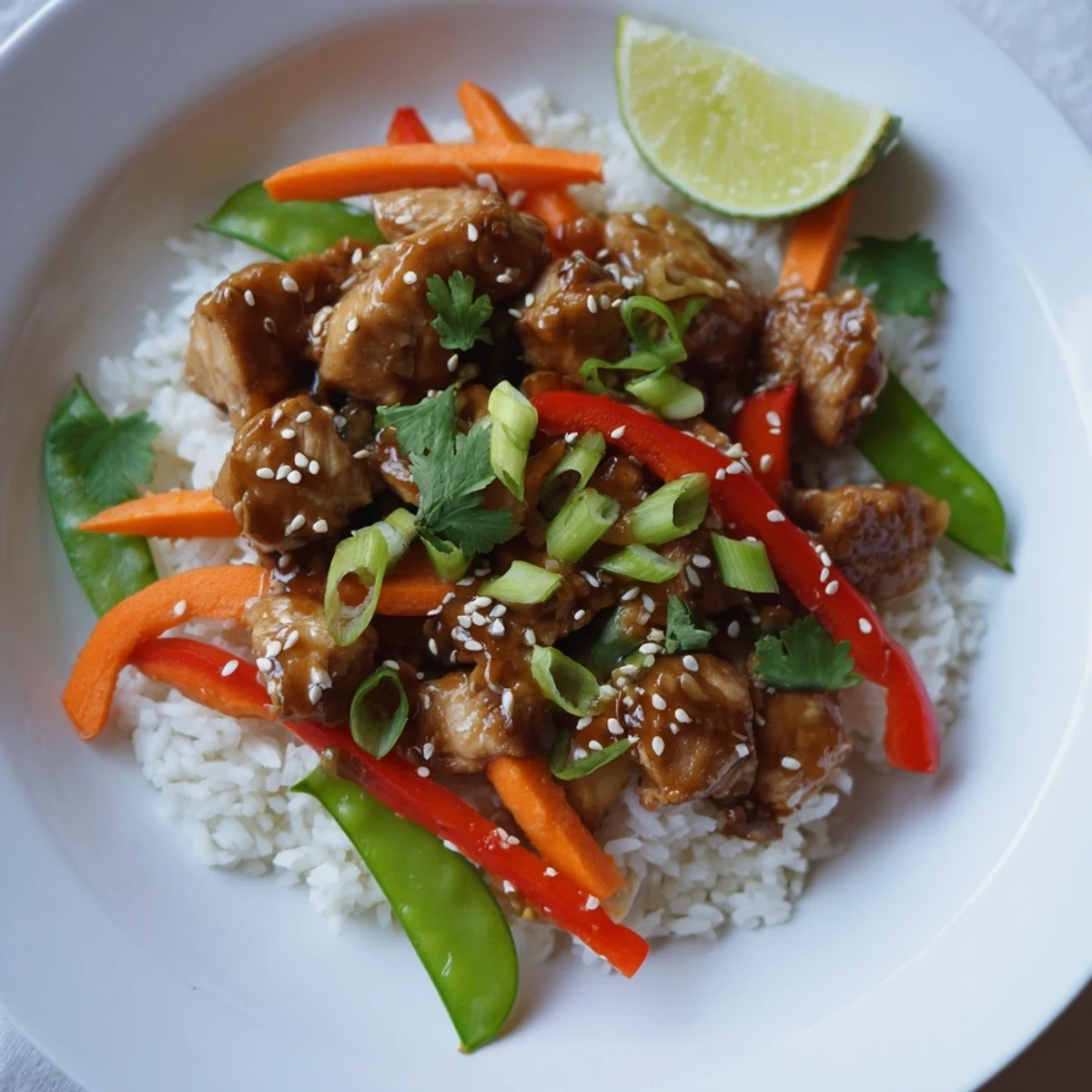 Steaming Sesame Ginger Rice Bowl is piled high with chicken and colorful vegetables, ready to eat.