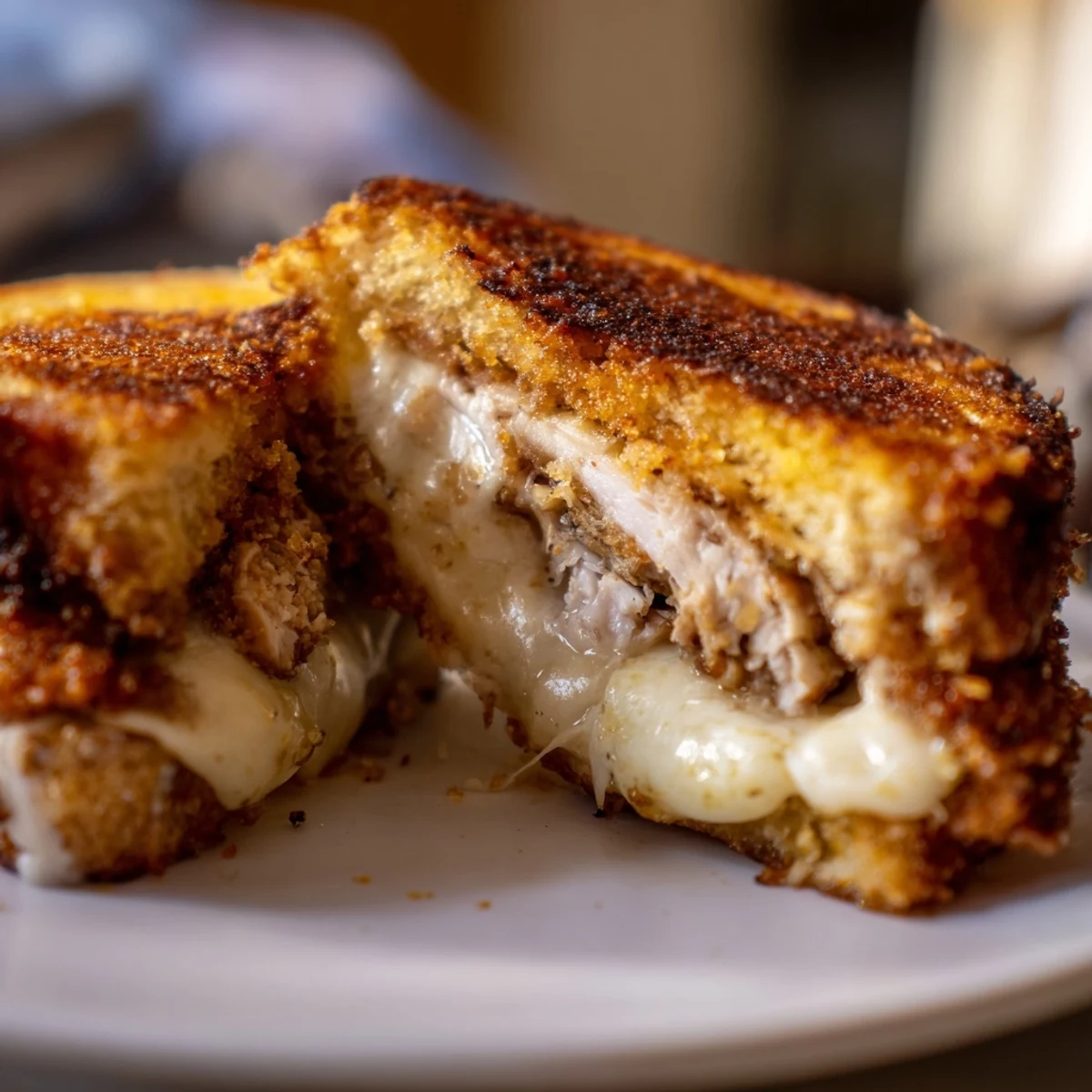 Golden, crispy parmesan chicken thighs grilled cheese sandwiches, oozing melted cheese and savory chicken.