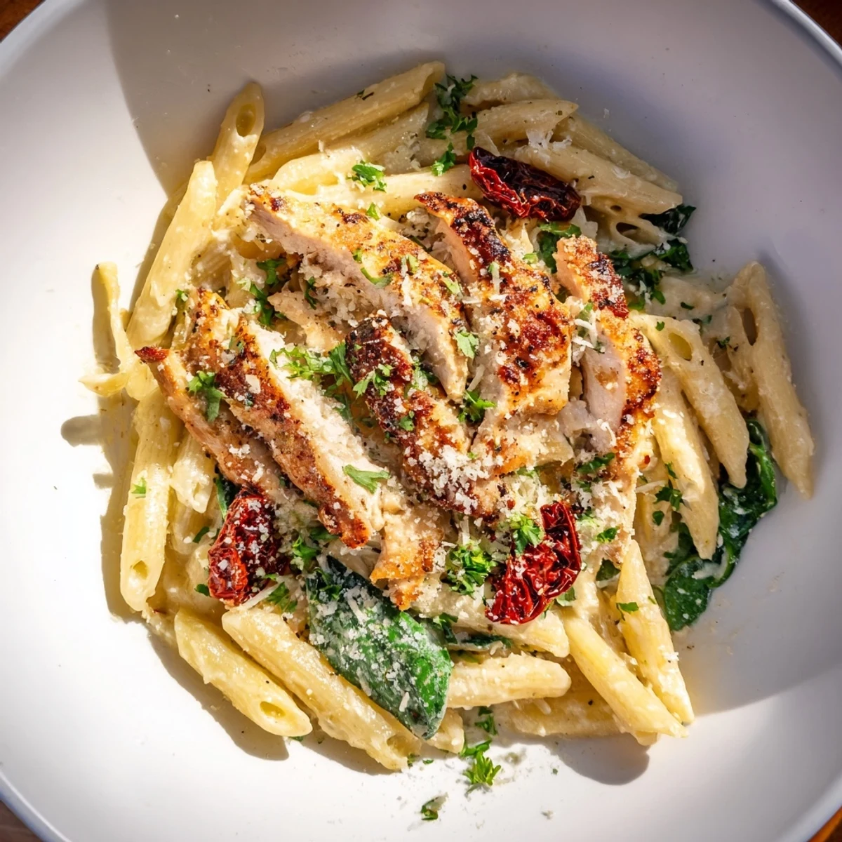 Creamy Tuscan Chicken Pasta boasts tender chicken slices in a rich, creamy sauce, enticing a flavorful, hearty meal.