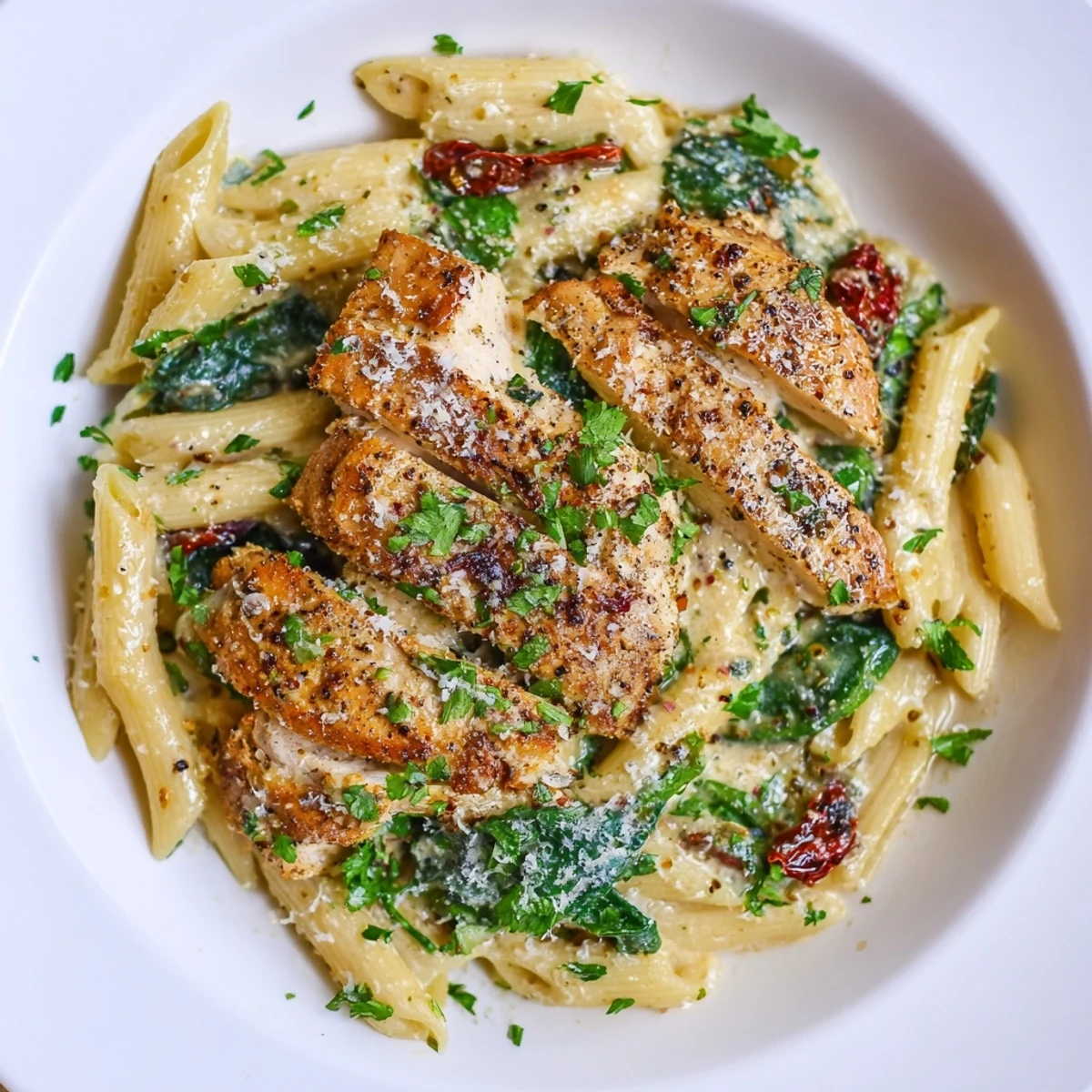A close-up view of Creamy Tuscan Chicken Pasta reveals sun-dried tomatoes and spinach, inviting a delicious Italian-American dish.