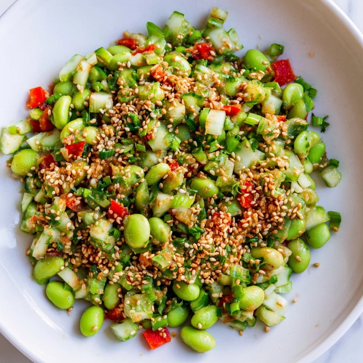 A colorful bowl of healthy Edamame Salad, perfect as a light lunch or refreshing side dish.