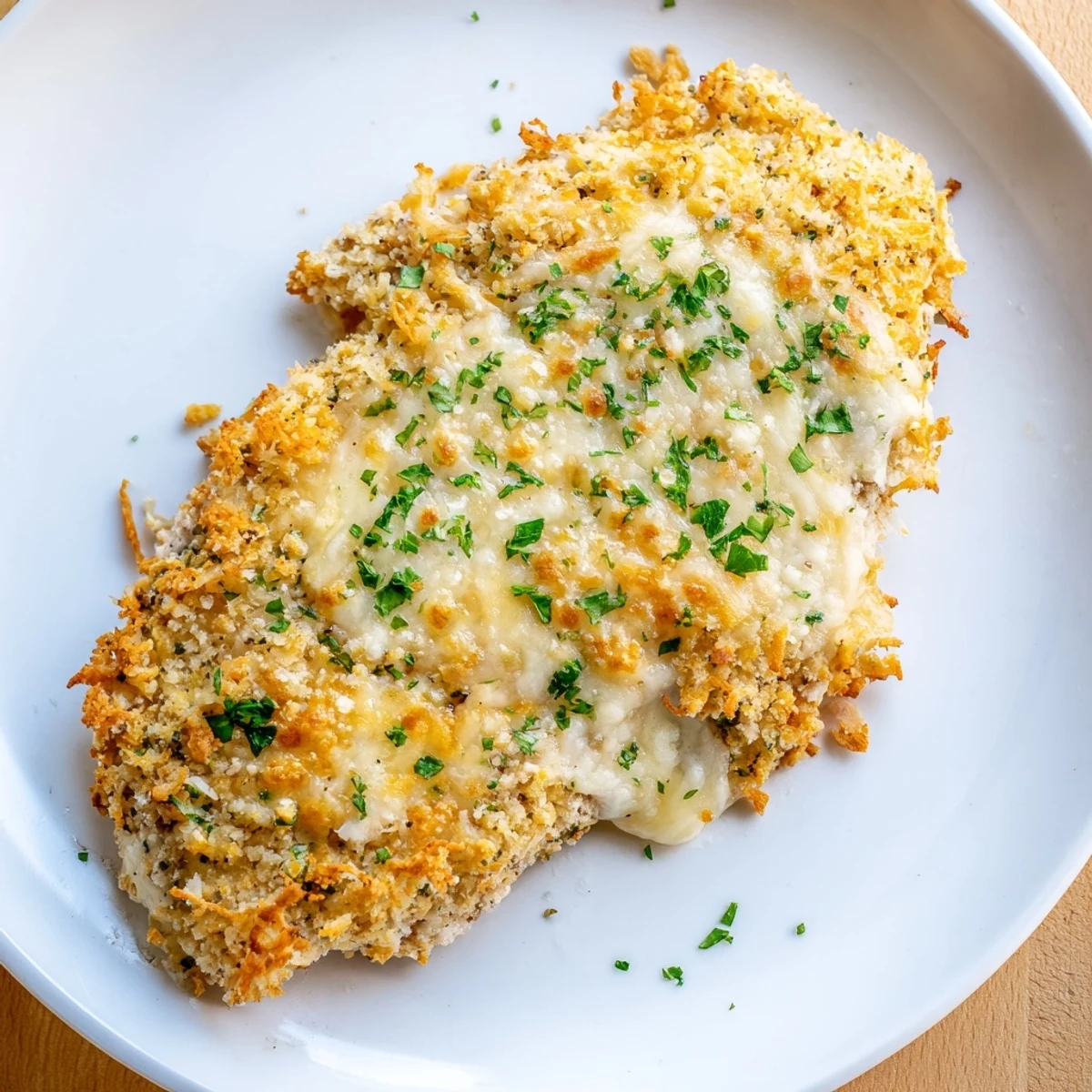 Golden, bubbly Cheesy Baked Chicken Breast with melted cheese and crispy breadcrumb topping, ready to eat.