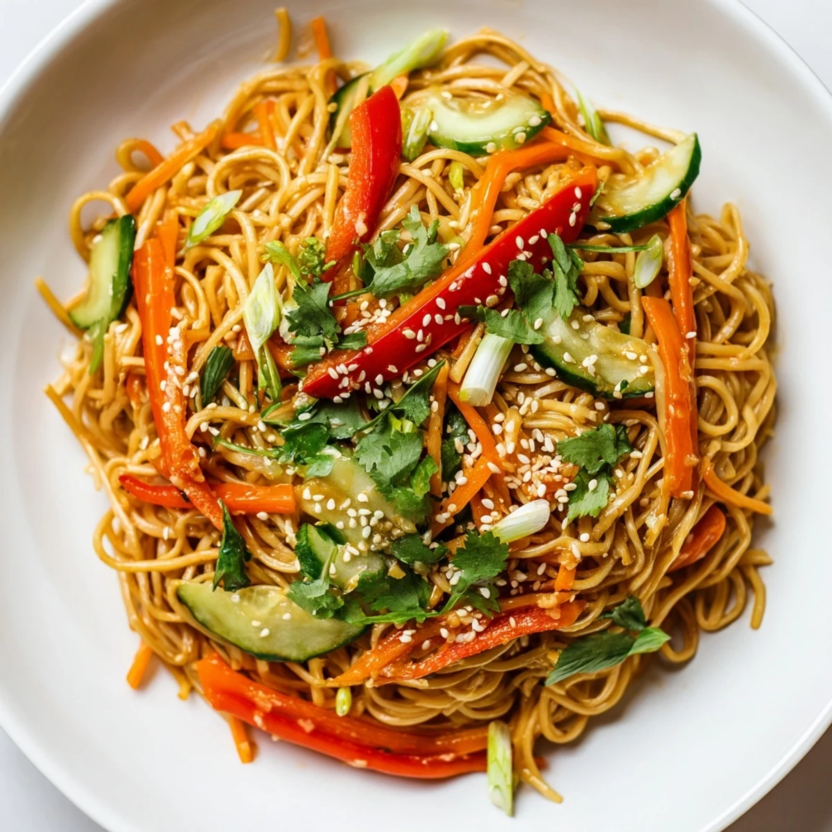 A colorful Garlic Noodle Salad with vibrant vegetables and a delicious garlic-infused dressing.
