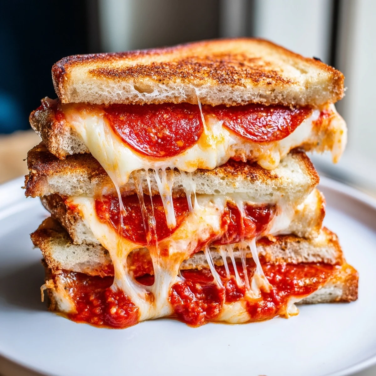 Golden, gooey Pizza Grilled Cheese oozing mozzarella, marinara, and crispy pepperoni, perfect for lunch.