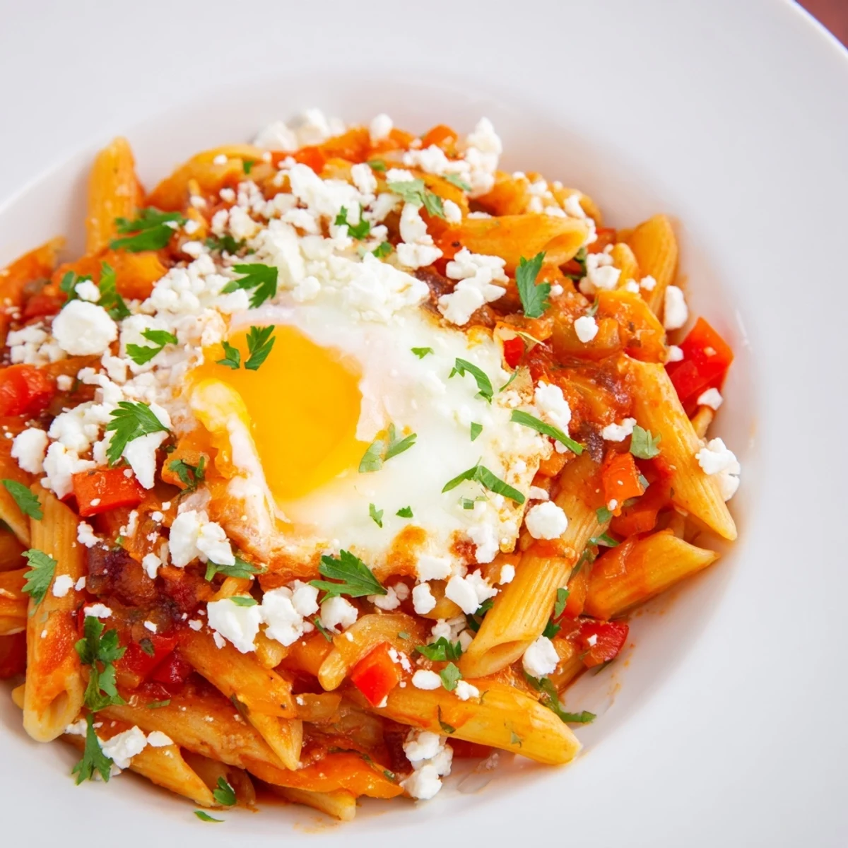 A close-up of Quick Shakshuka Pasta brimming with penne, flavorful sauce, and perfectly poached eggs.