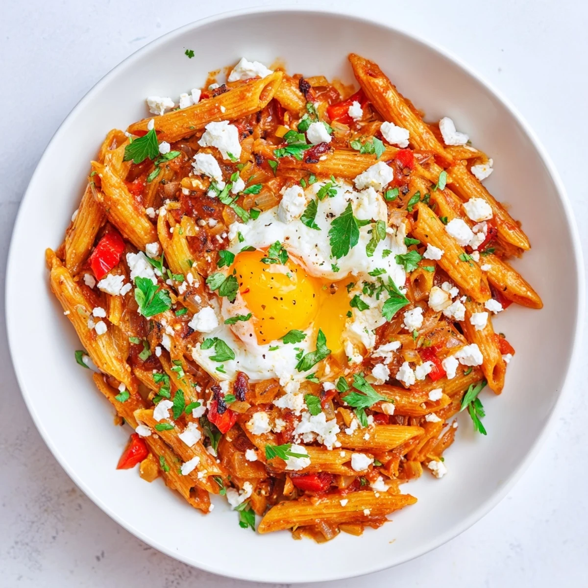 Golden yolks peek out from the Quick Shakshuka Pasta, garnished with herbs and crumbled feta cheese.