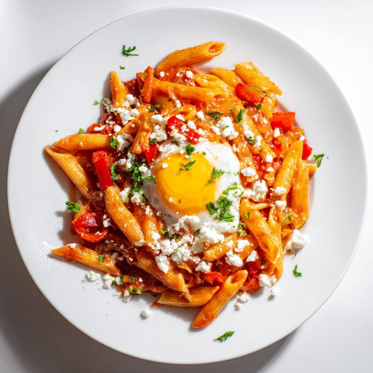 Quick Shakshuka Pasta with runny egg yolk, vibrant tomato sauce, and fresh herbs, ready to serve.