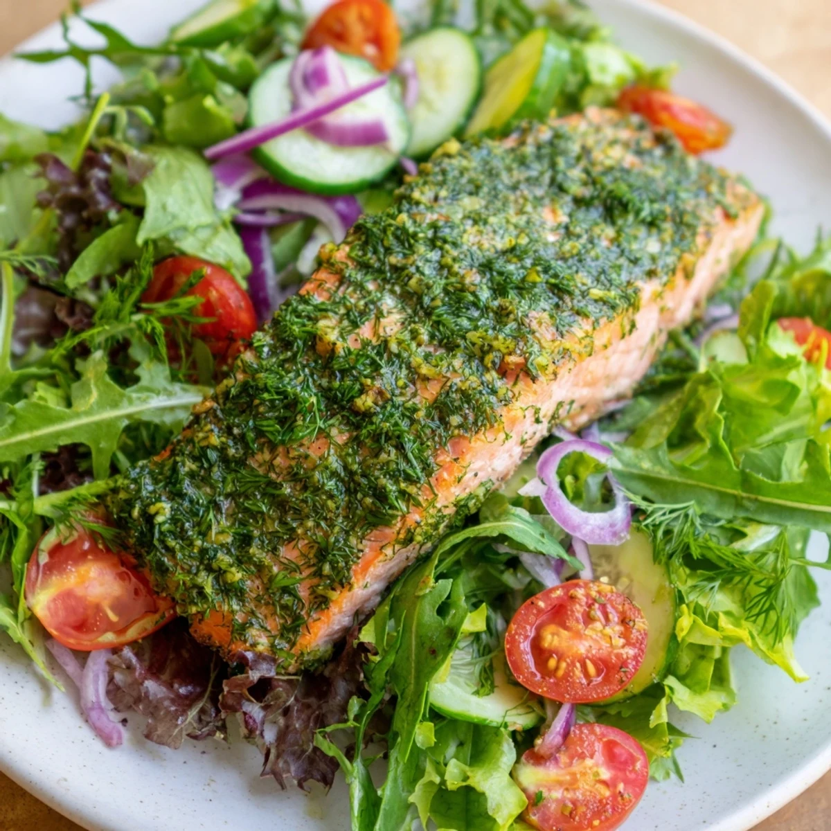 Grilled herb-crusted salmon salad with bright red tomatoes, a healthy and vibrant lunch option.
