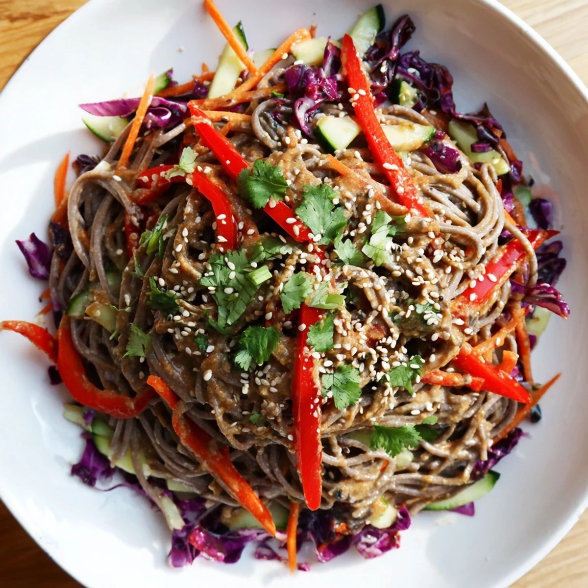 Vibrant soba noodle salad tossed with colorful veggies, sesame dressing, and fresh cilantro, deliciously appealing.