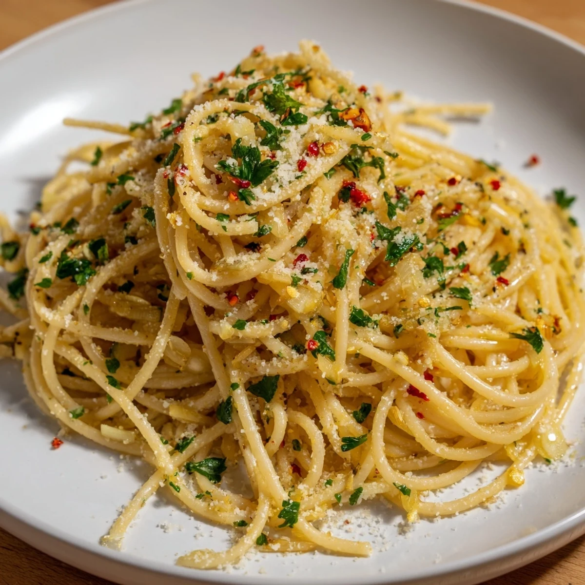 Quick and easy Aglio e Olio express pasta: perfectly cooked spaghetti coated in savory, spicy garlic sauce.