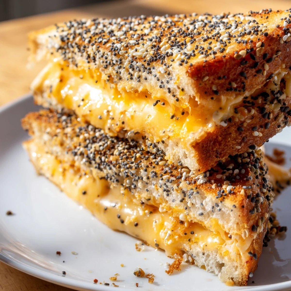Warm, cheesy Everything Bagel Grilled Cheese, ready to be sliced and served with a flavorful crunch.